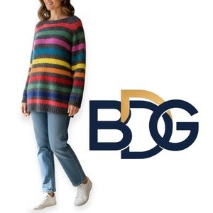 BDG Urban Outfitters gray rainbow stripe pull over fuzzy sweater